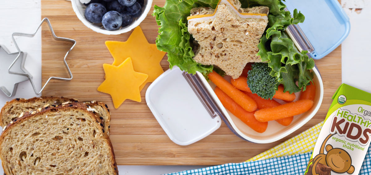 A child's lunch includes a sandwich with star-shaped bread, carrot sticks, broccoli, blueberries, and a juice box.