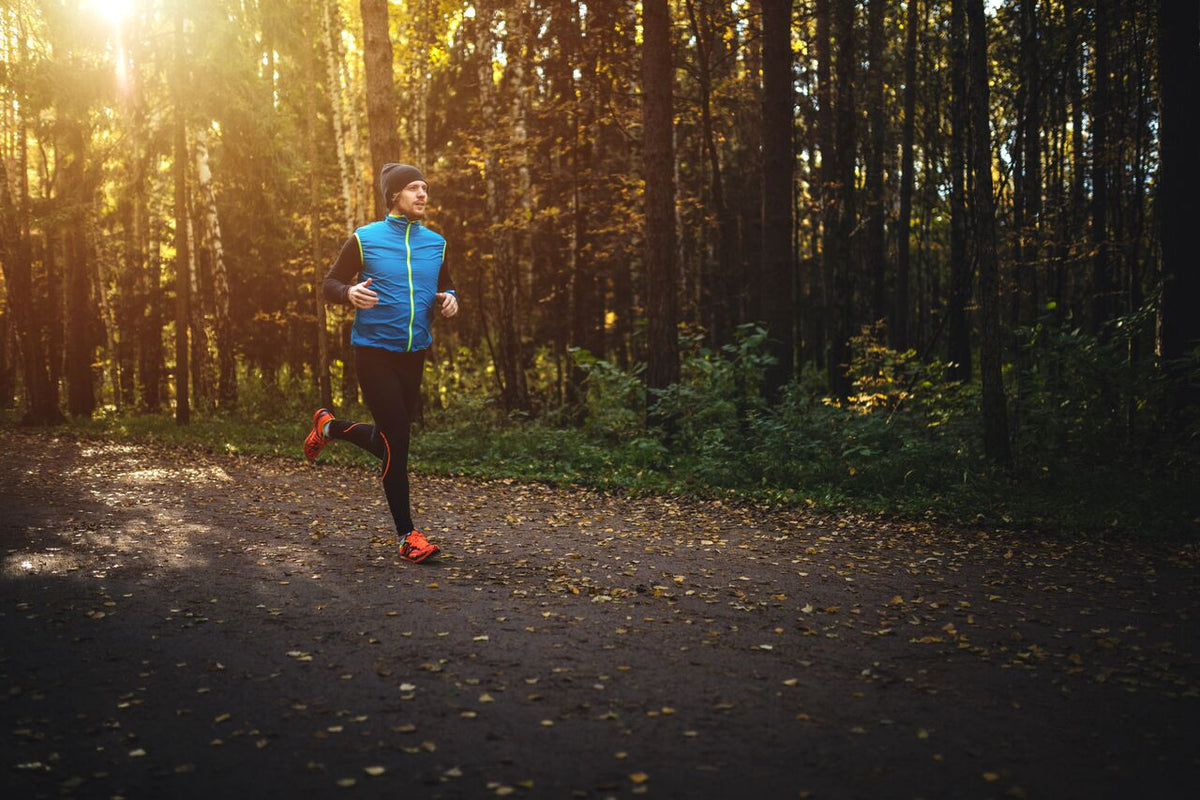 An athlete running through a forest in the early morning.