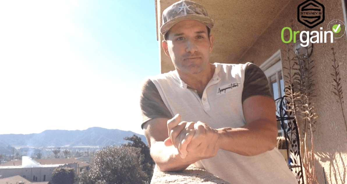 A person wearing a cap and a short-sleeved shirt stands on a balcony with mountains in the background. They are holding something in their hands. The logos for "Steveby" and "Orgain" are visible in the top right corner. The sky is clear and sunny.