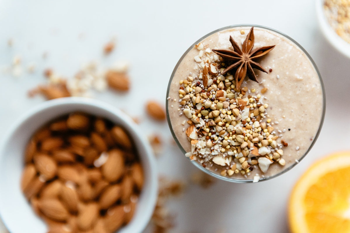 top down view of a smoothie with crushed peanut