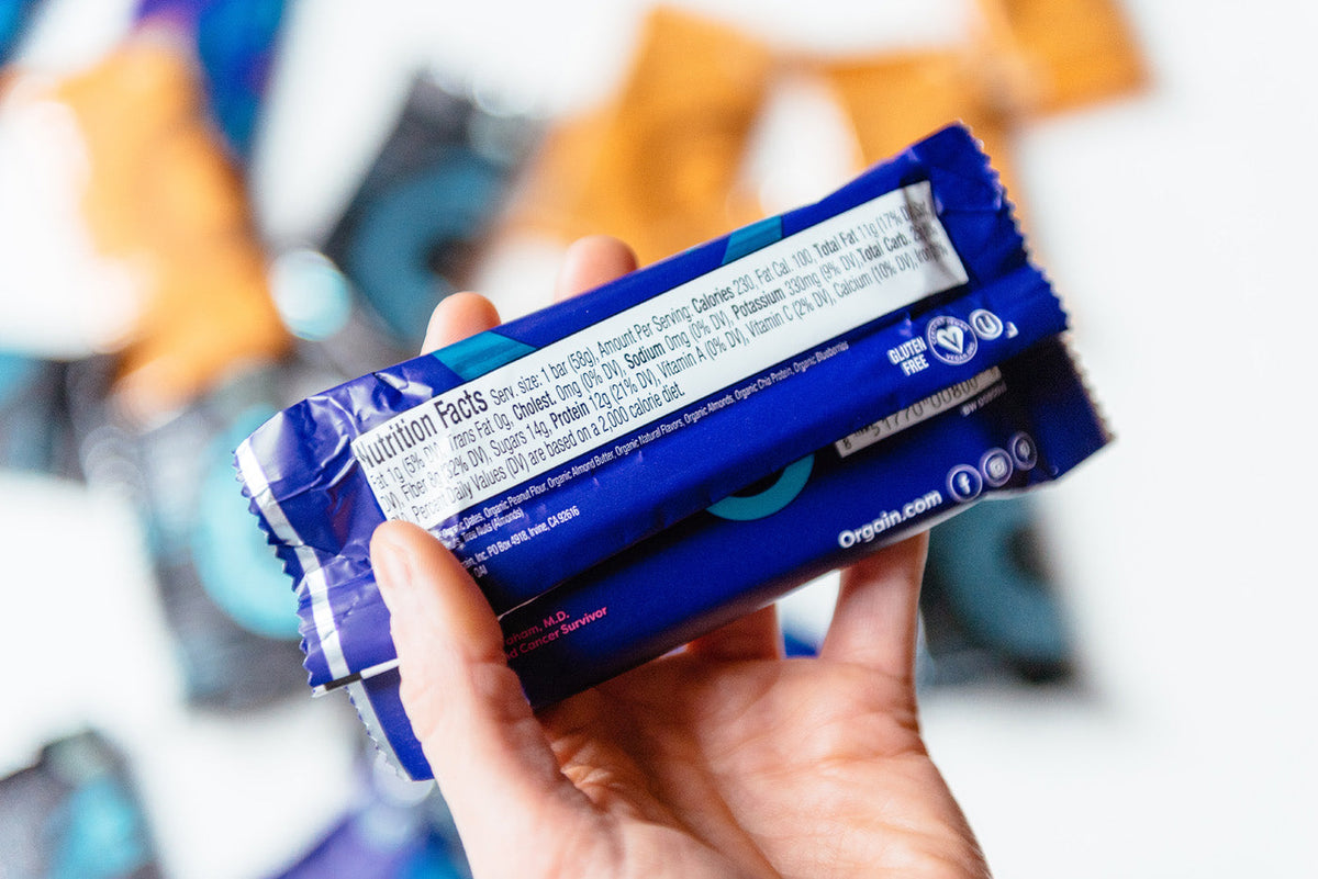 Back of an orgain protein bar