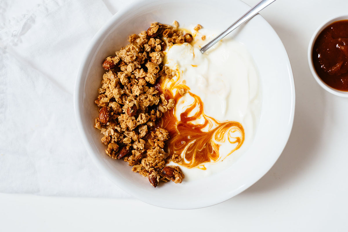 top down view of a bowl of yogurt with granola