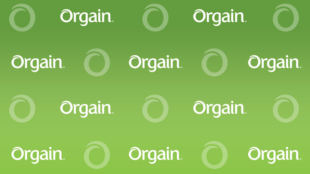 The image features a green background with a repeating pattern of the word "Orgain" and a minimalist circular logo placed at regular intervals. The text and logo are white, creating a high contrast against the green backdrop.