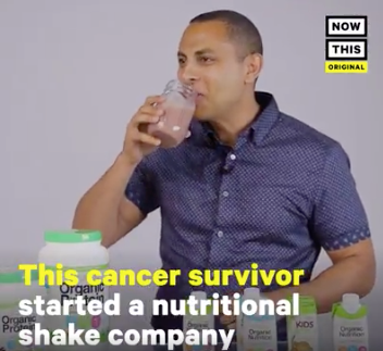 A person is drinking a shake from a mason jar. They are surrounded by various organic products. The text on the image reads, "This cancer survivor started a nutritional shake company." In the top right corner, there's a "Now This Original" graphic.