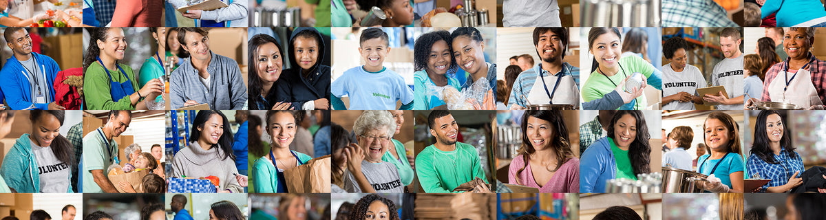 A collage of diverse people volunteering, smiling and engaging in tasks like packing food and serving meals.