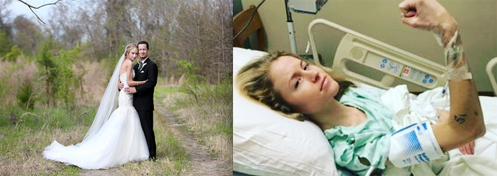 Composite image with two panels. The left panel shows a smiling couple in wedding attire embracing outdoors. The right panel shows the same woman in a hospital bed with an IV in her arm, looking up and flexing her bicep.