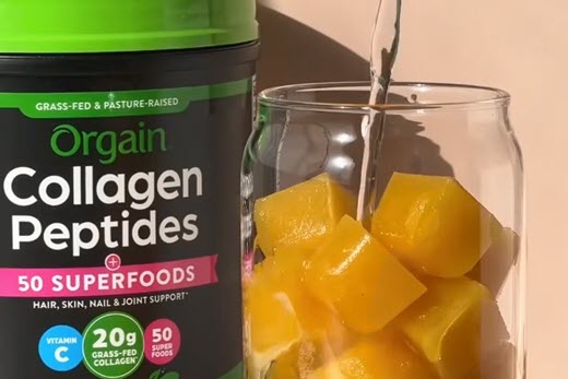 Orange Collagen Fizz next to orgain collagen container