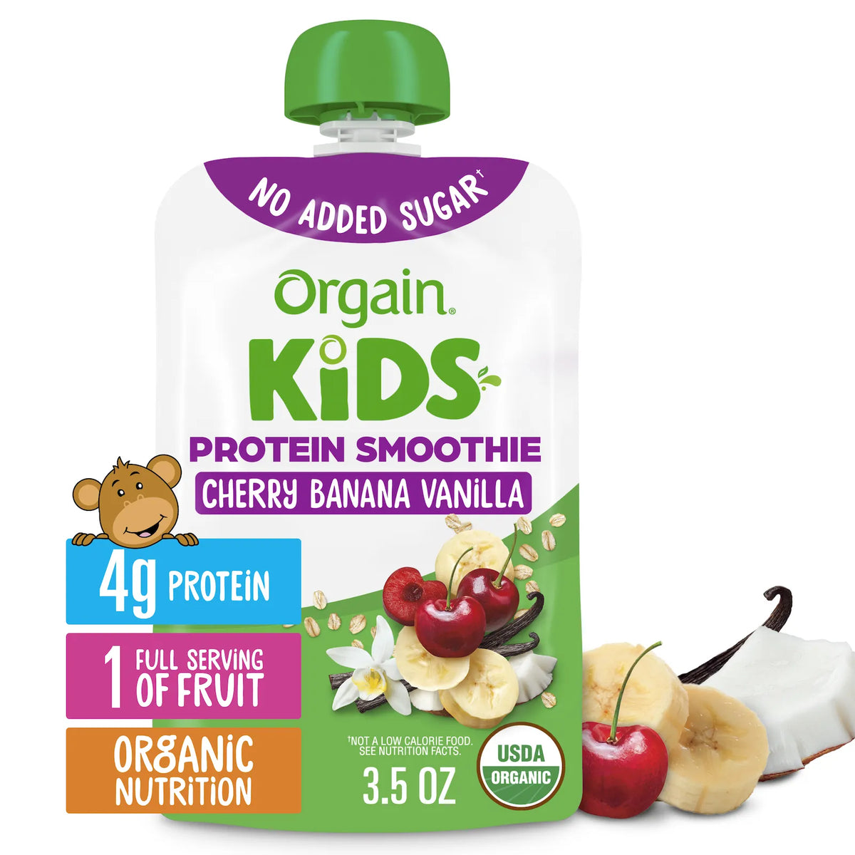 Orgain Kids Protein Smoothie pouch in Cherry Banana Vanilla flavor, 3.5 oz, with fruit illustrations and a green cap on a white background.