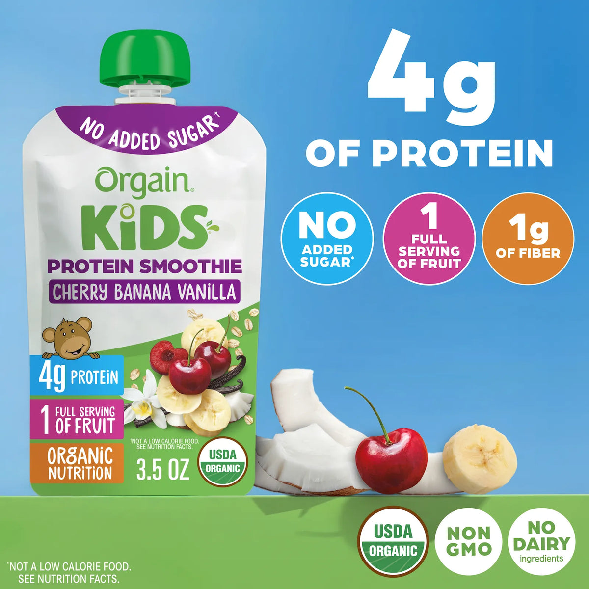 An Orgain Kids Protein Smoothie pouch in Cherry Banana Vanilla flavor, shown on a bright blue background with fruit illustrations and text highlighting 4g protein, no added sugar, and USDA Organic certification.