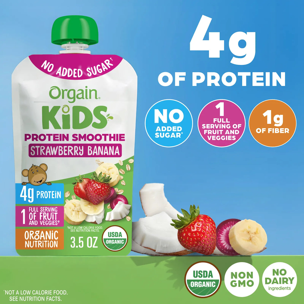 An Orgain Kids Protein Smoothie Strawberry Banana pouch shown on a bright blue background with promotional text and ingredient graphics. The pouch is white and green with pink accents, and the image includes strawberries, banana slices, and purple onion near the bottom.