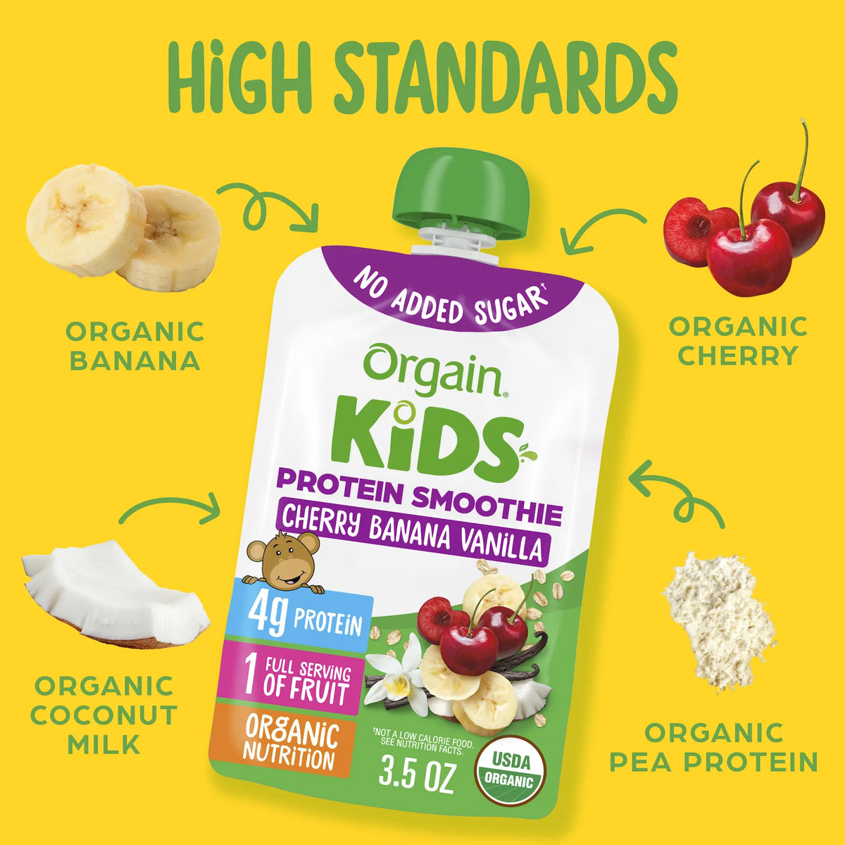 Orgain Kids Protein Smoothie pouch in Cherry Banana Vanilla flavor on a bright yellow background, surrounded by ingredient callouts including banana slices, cherries, coconut, and pea protein with the text 'HIGH STANDARDS' and 'ORGANIC [ingredient]'.