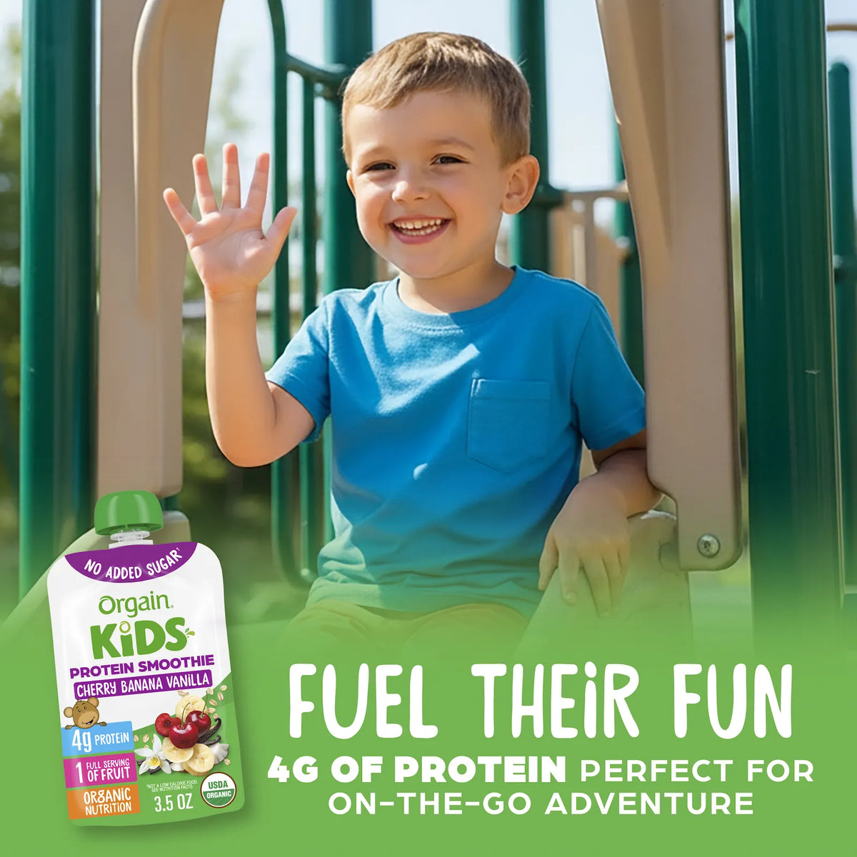 A smiling young boy in a blue shirt sits on a playground structure waving, with a bag of Orgain Kids Protein Smoothie in the foreground and promotional text at the bottom.