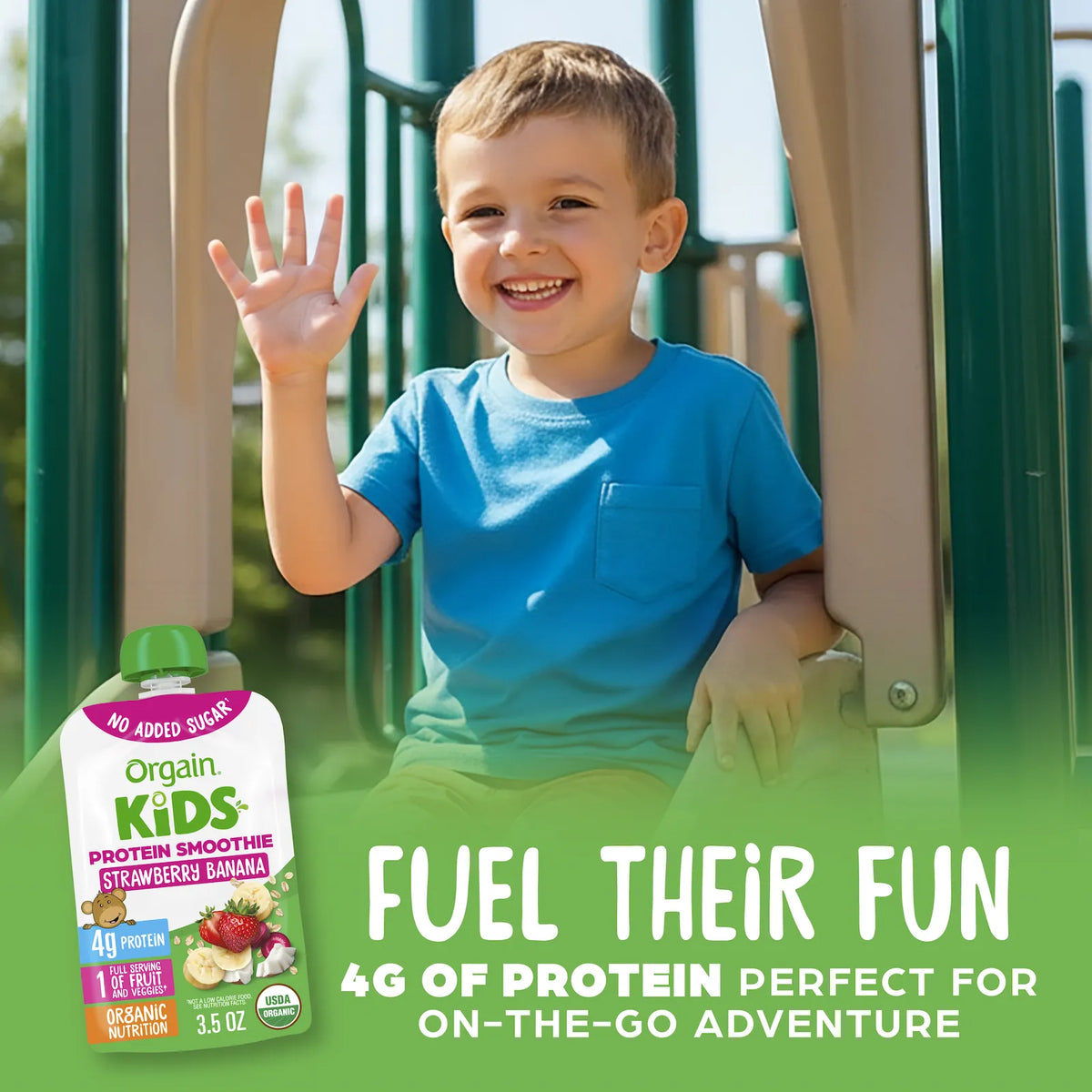 A smiling young boy in a blue shirt sits on a playground structure waving, with a bag of Orgain Kids Protein Smoothie in the foreground and promotional text at the bottom.
