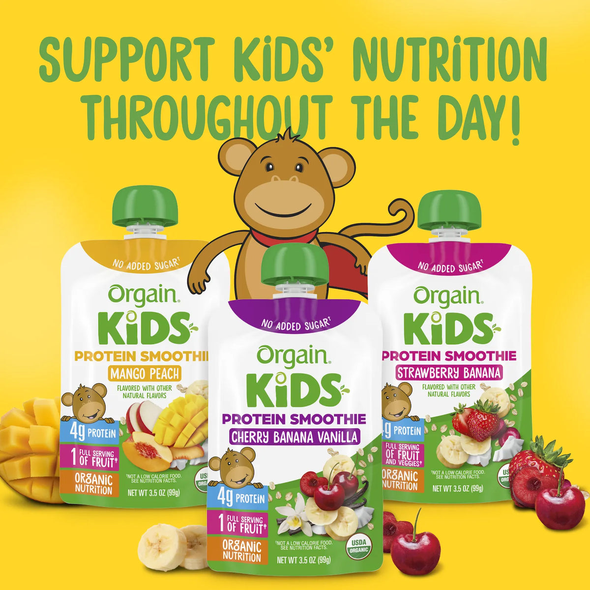 Three Orgain Kids Protein Smoothie pouches are shown on a bright yellow background with a cartoon monkey and fruit illustrations. The center pouch is Cherry Banana Vanilla, flanked by Mango Peach on the left and Strawberry Banana on the right.