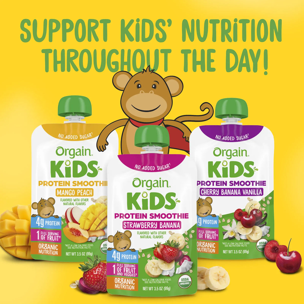 Three Orgain Kids Protein Smoothie pouches are displayed on a bright yellow background with a cartoon monkey and fruit illustrations. The center pouch is Strawberry Banana flavor, flanked by Mango Peach and Cherry Banana Vanilla flavors.