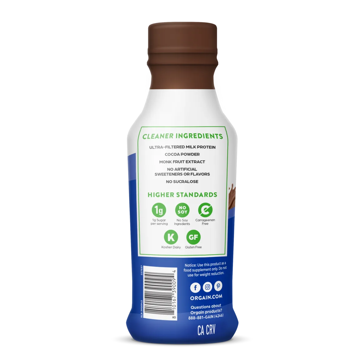 Left side of bottle for Orgain 38g Protein Shake in Chocolate Fudge flavor