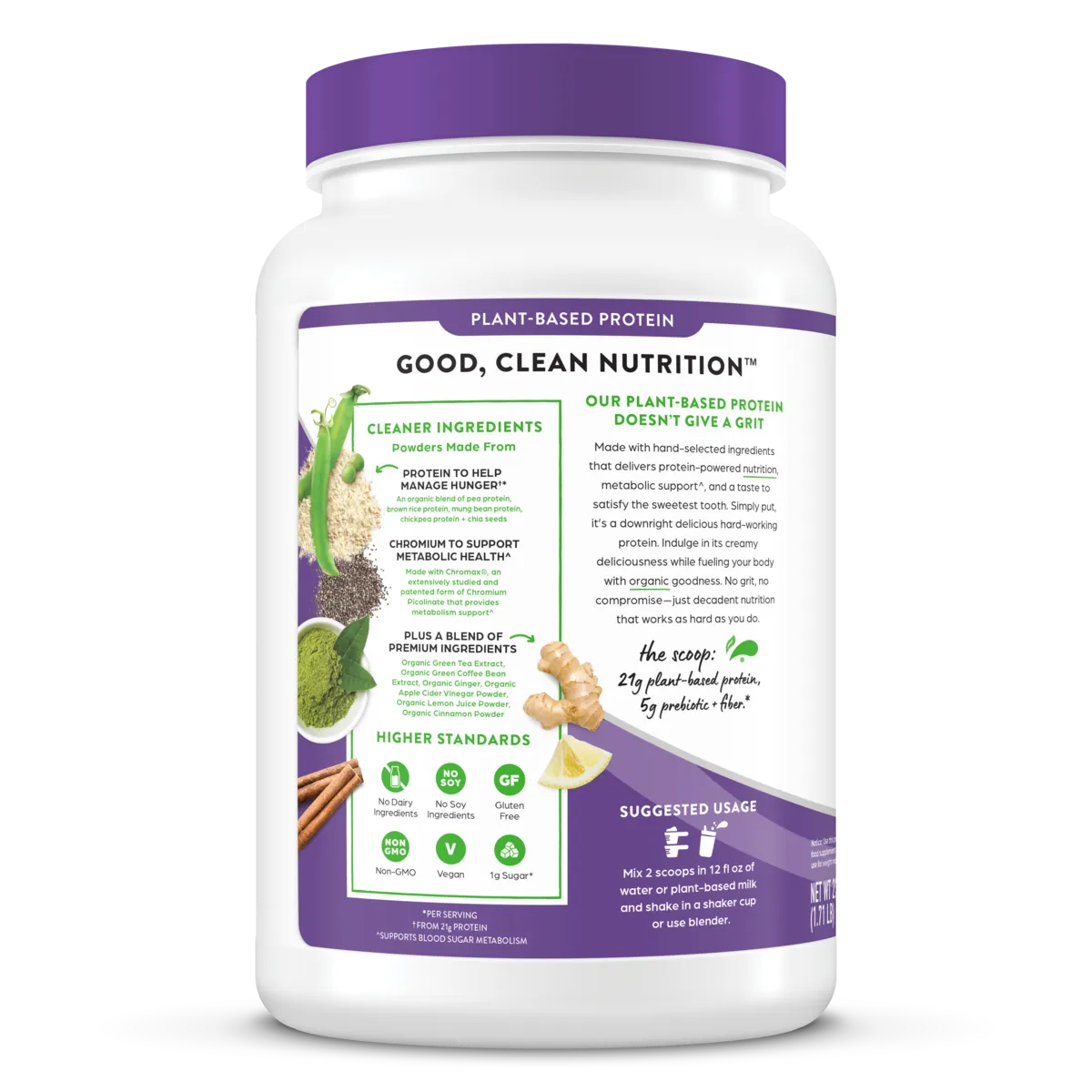 left side of Orgain Organic Protein Powder plus metabolism blend vanilla bean flavor in 1.71 lb canister