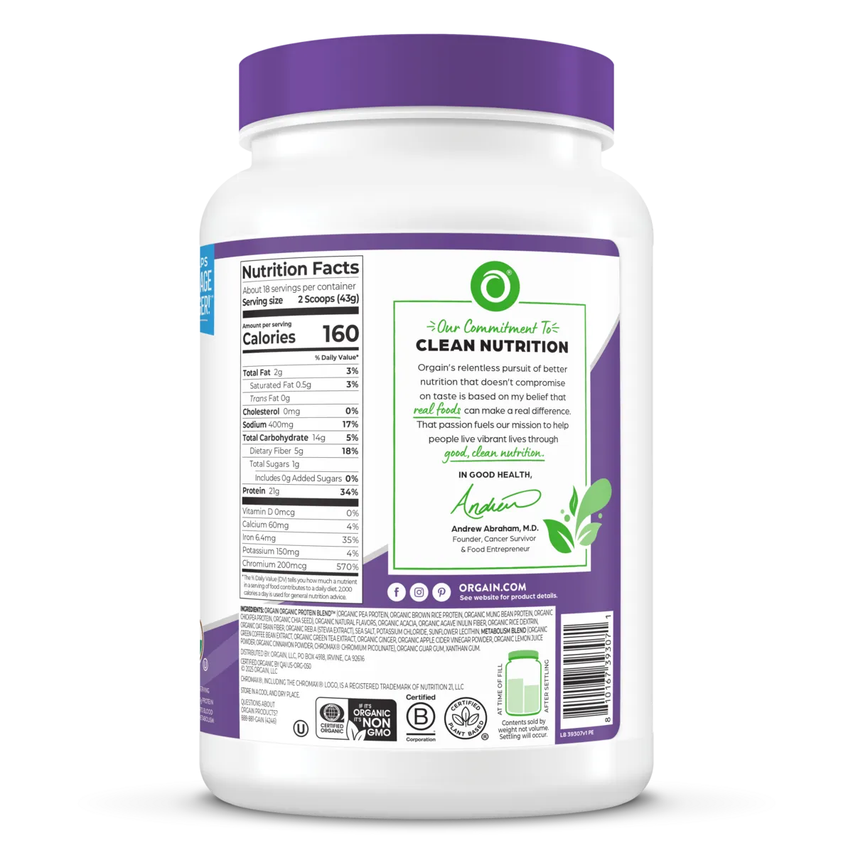 right side of Orgain Organic Protein Powder plus metabolism blend vanilla bean flavor in 1.71 lb canister