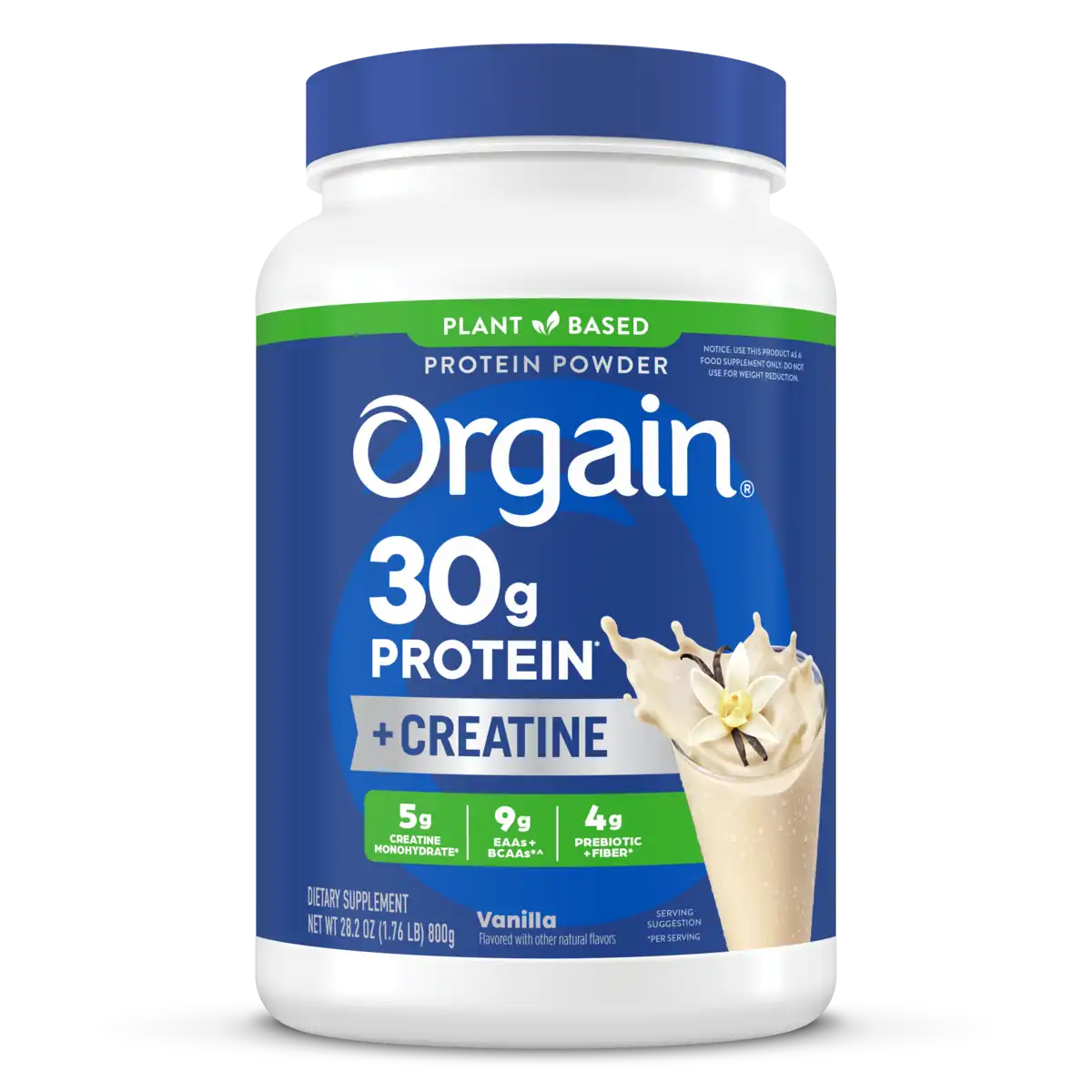 Front of the Orgain Plant-Based 30g Protein + Creatine powder tub in Vanilla, with a blue lid and label showing 5g creatine monohydrate, 9g EAAs + BCAAs, and 4g prebiotic + fiber per serving. Net weight 28.2 oz (1.76 lb), on a white background.