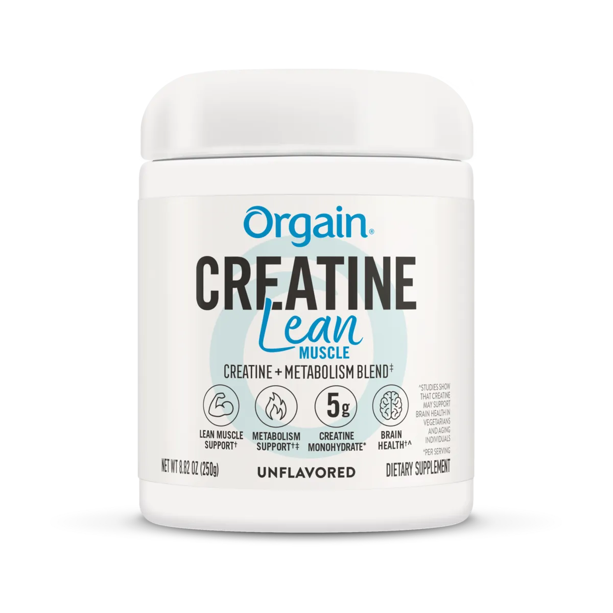 Orgain Creatine Lean Muscle supplement container on a white background