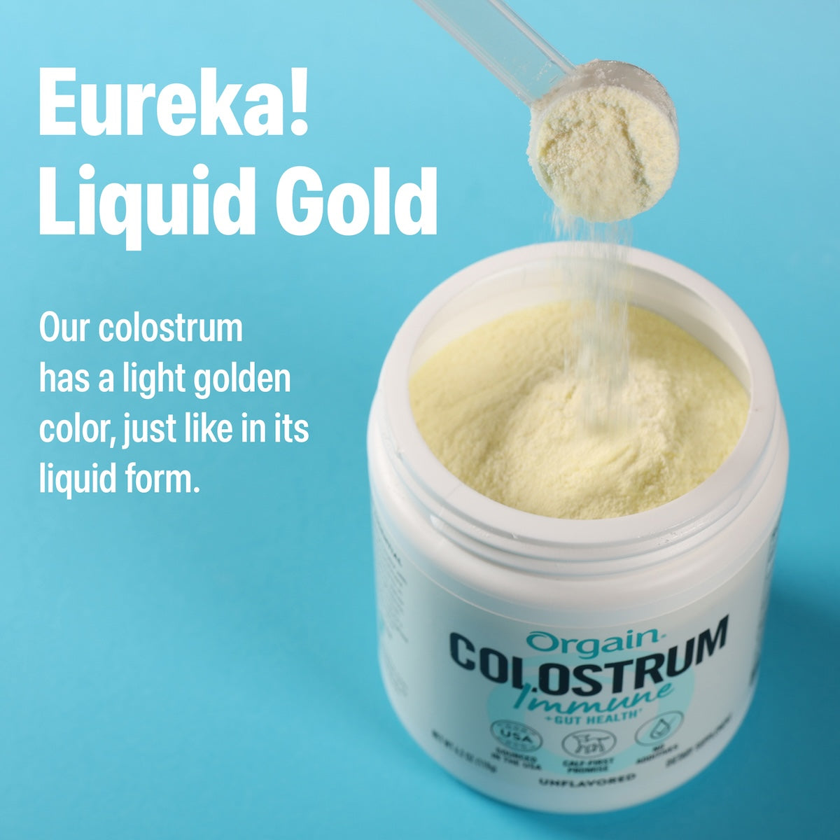 Colostrum being scooped from the container highlighitng its light golden color just like in its liquid form