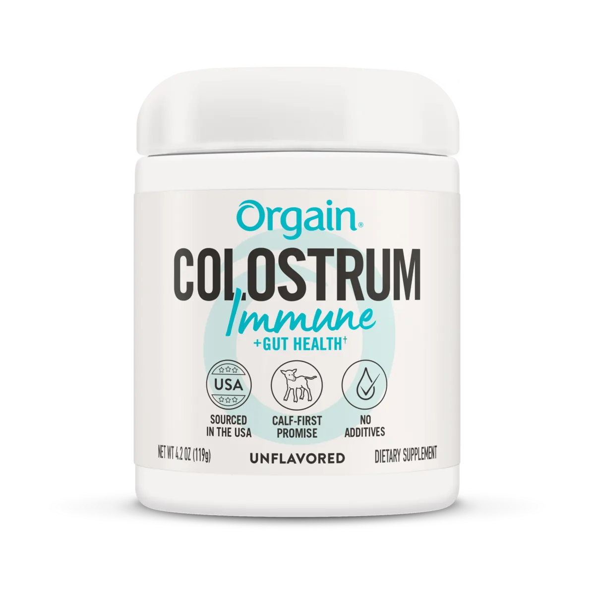 Front of Orgain Colostrum Immune plus gut health powder in a 4.2oz container