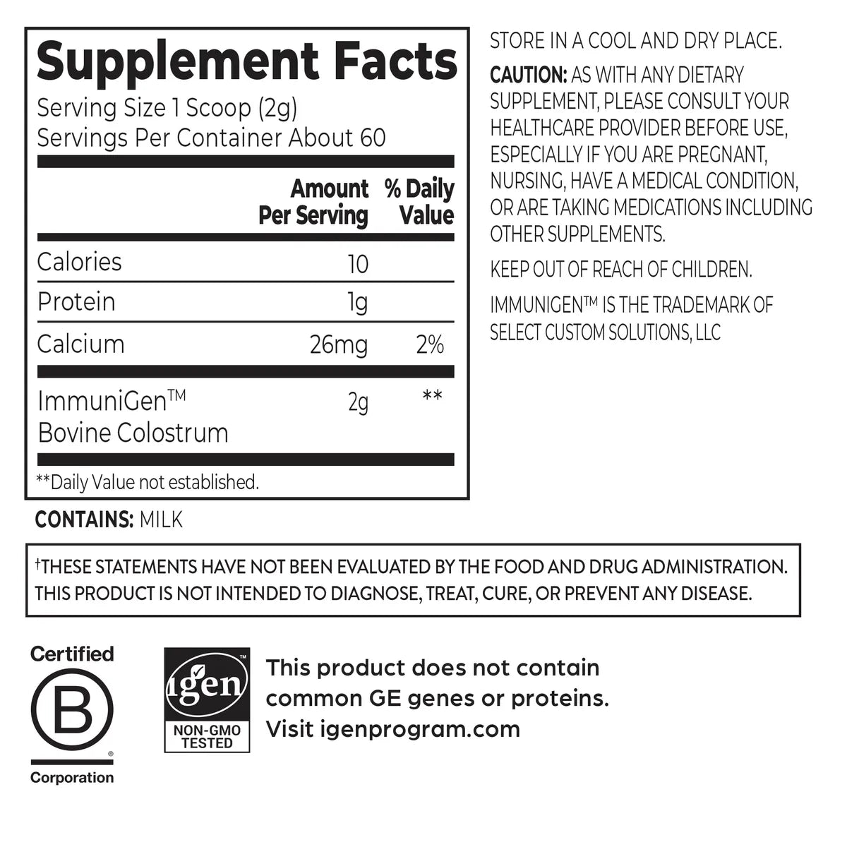 Supplement Fact Panel of Orgain Colostrum Immune plus gut health powder in a 4.2oz container