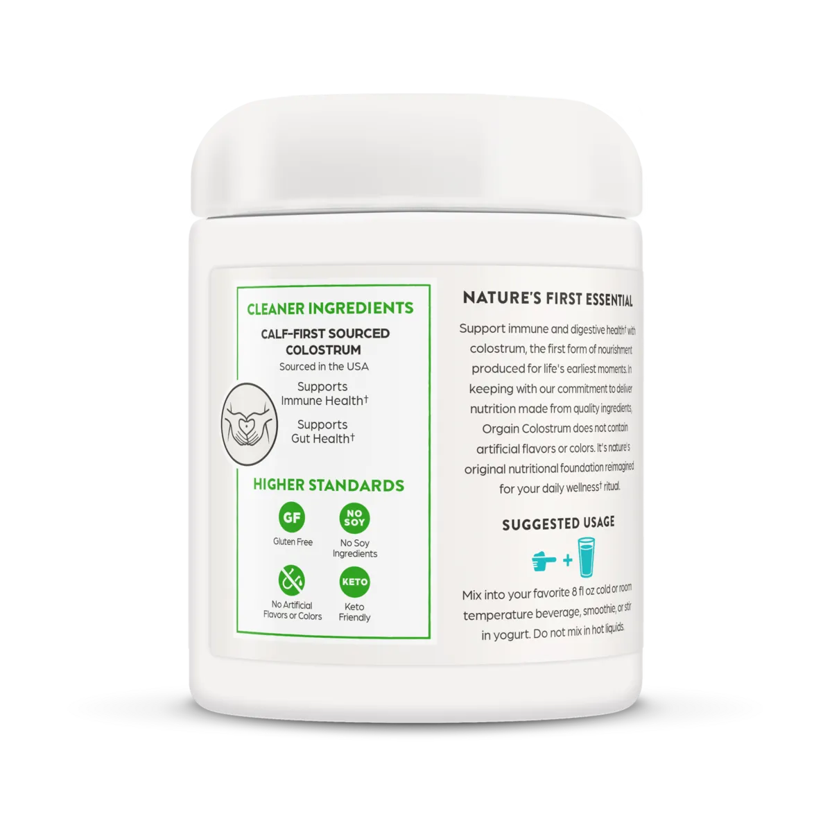 Left side of Orgain Colostrum Immune plus gut health powder in a 4.2oz container
