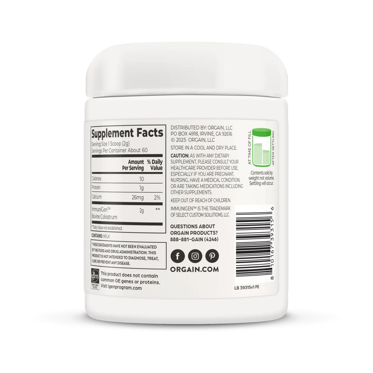 Right side of Orgain Colostrum Immune plus gut health powder in a 4.2oz container