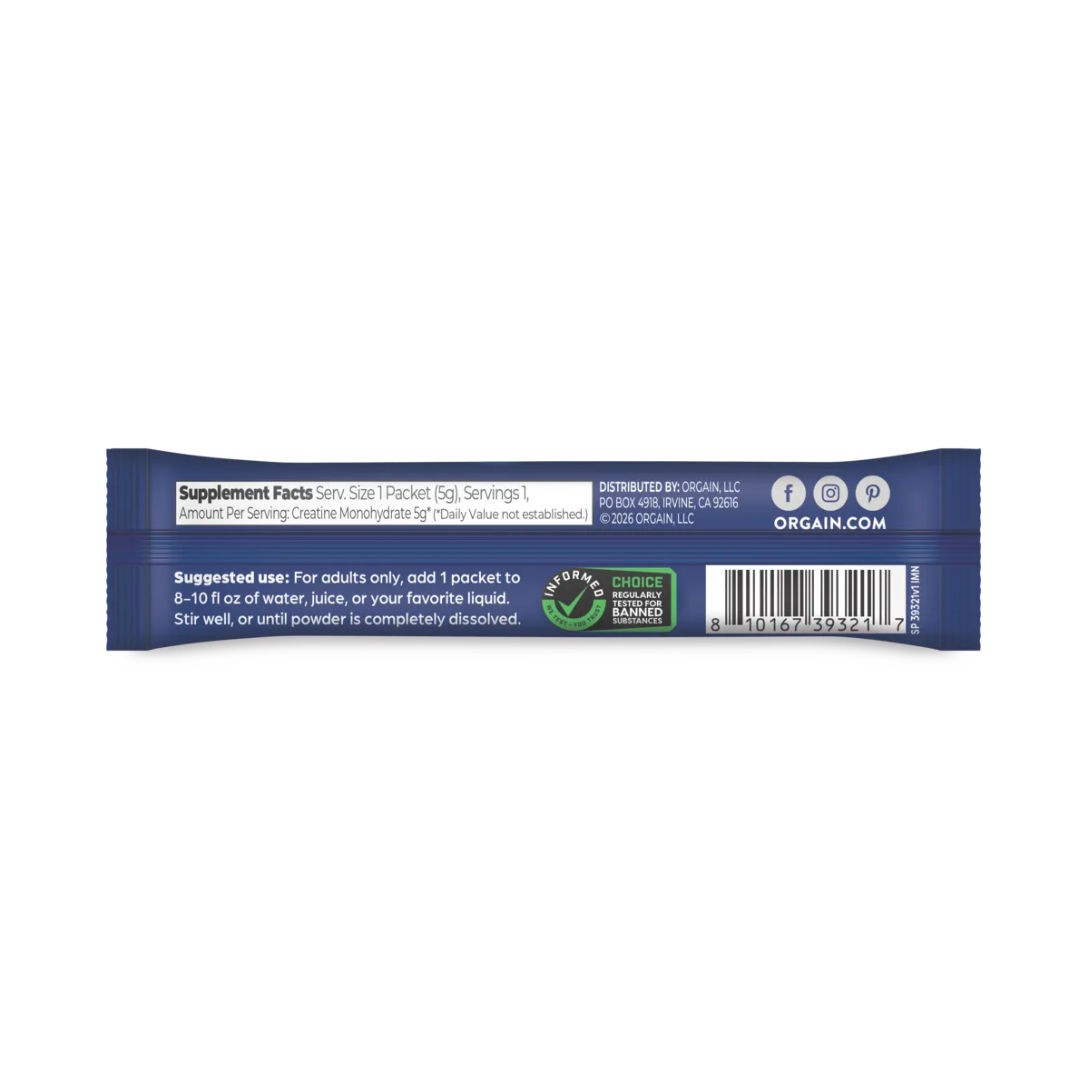 Back of a single Orgain Creatine powder stick pack in dark blue packaging with white text.