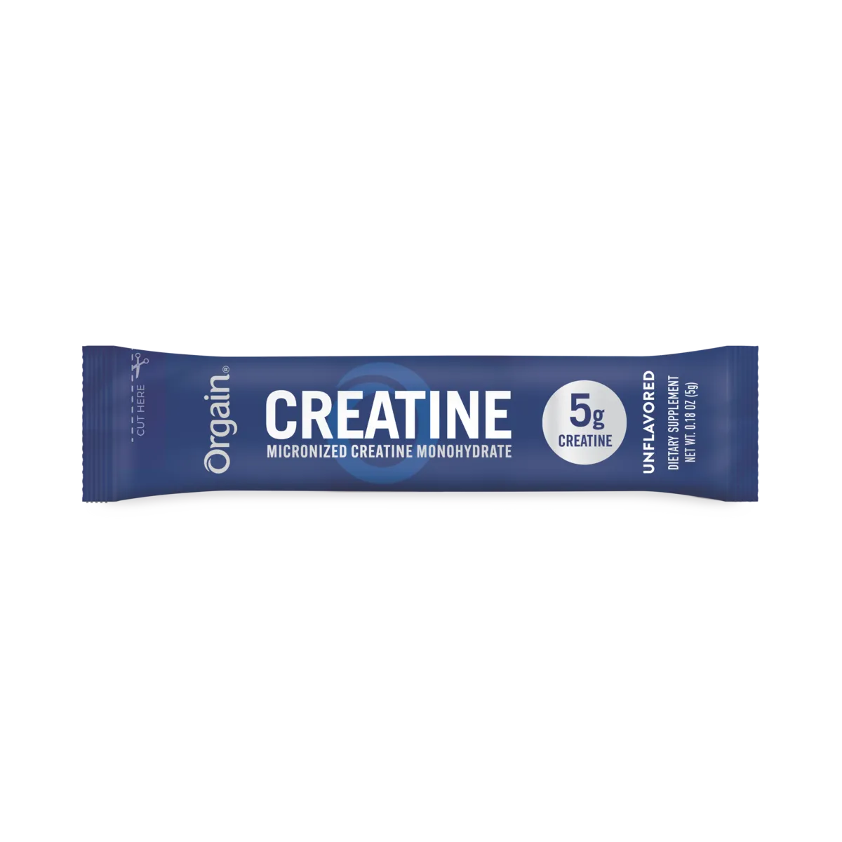 A single Orgain Creatine powder stick pack in dark blue packaging with white text.