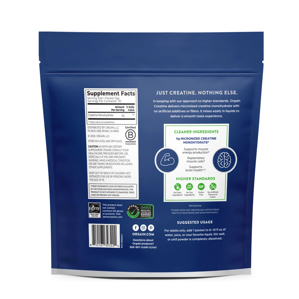 The back of a dark blue stand-up pouch of Orgain Creatine Powder showing supplement facts, branding text, icons, and usage information.