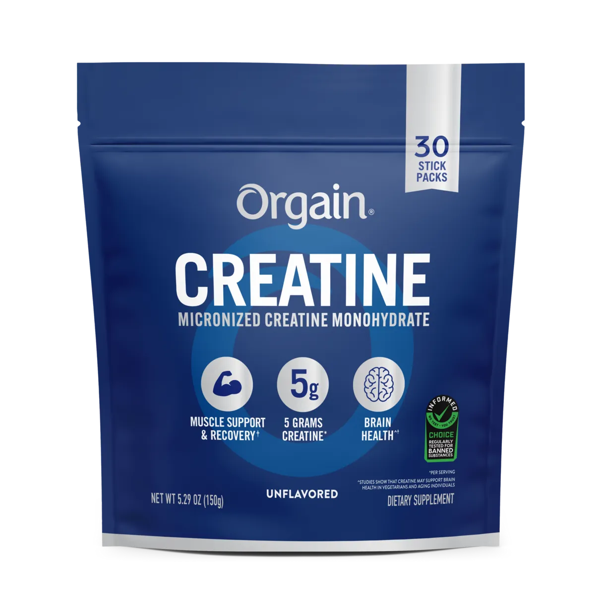 A blue stand-up pouch of Orgain Creatine Micronized Creatine Monohydrate, 30 stick packs, on a white background.