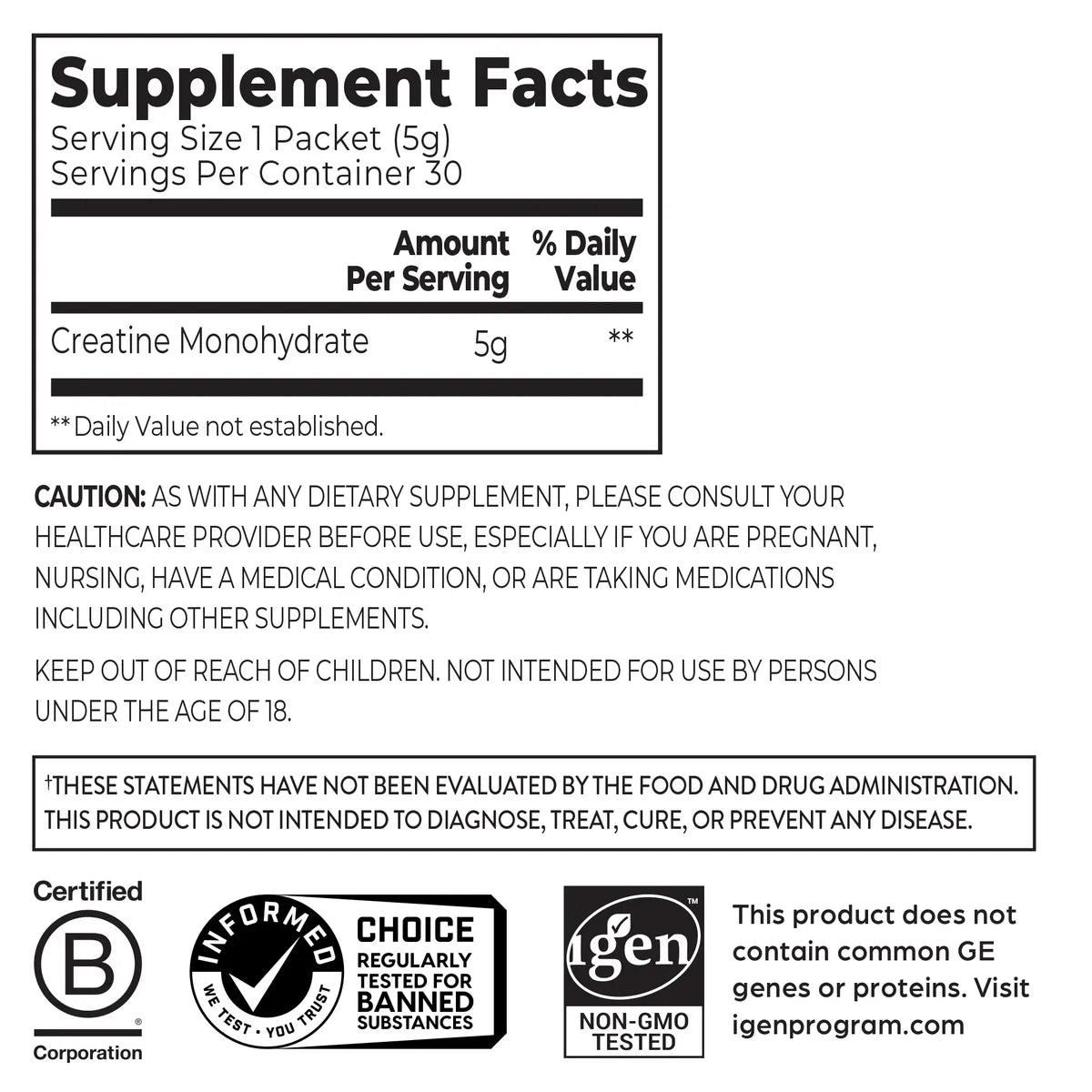 Orgain Creatine Powder Single Serve Packets supplement fact panel