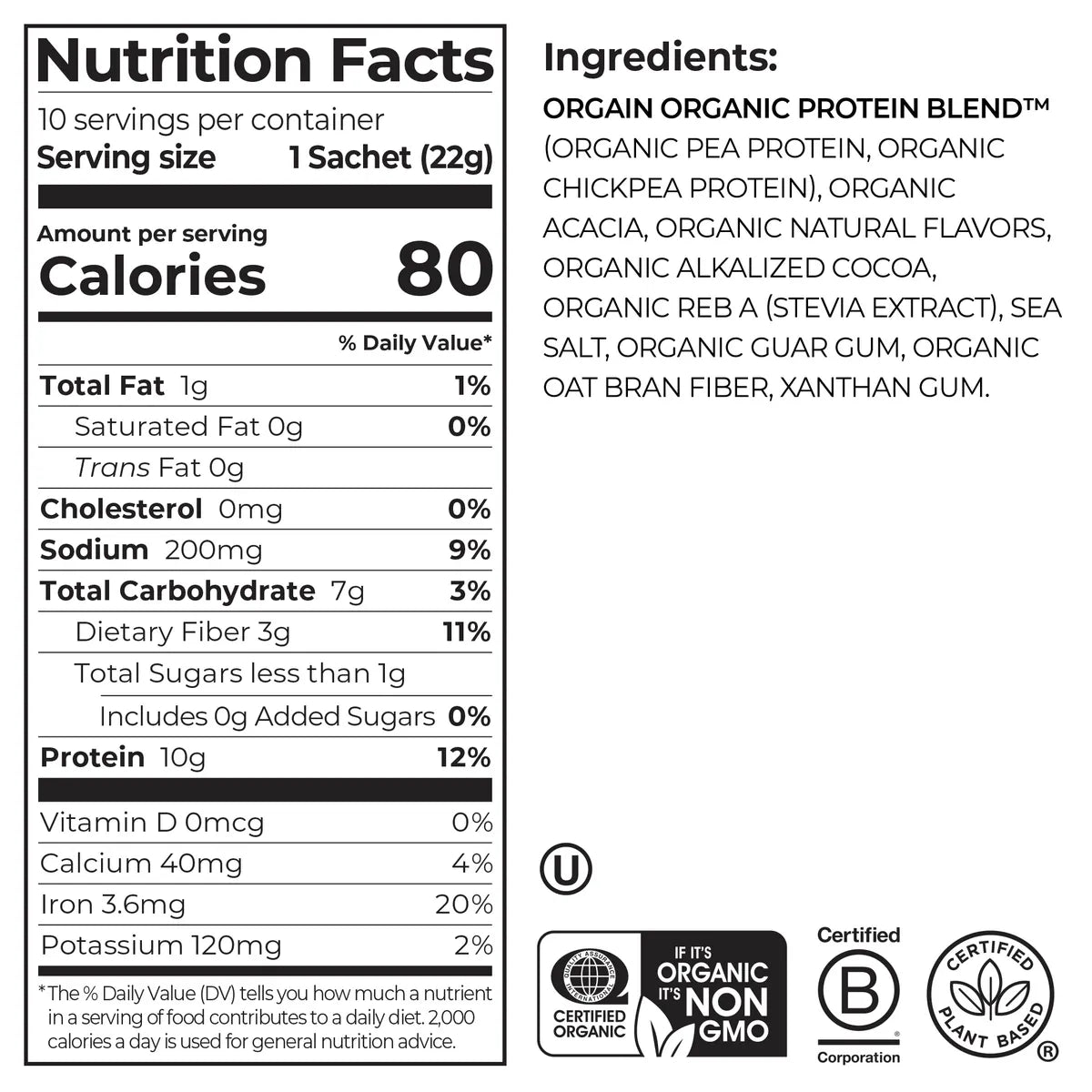 Front and back views of a protein powder bag showing the Nutrition Facts label and ingredients list for Orgain Organic Protein Blend.