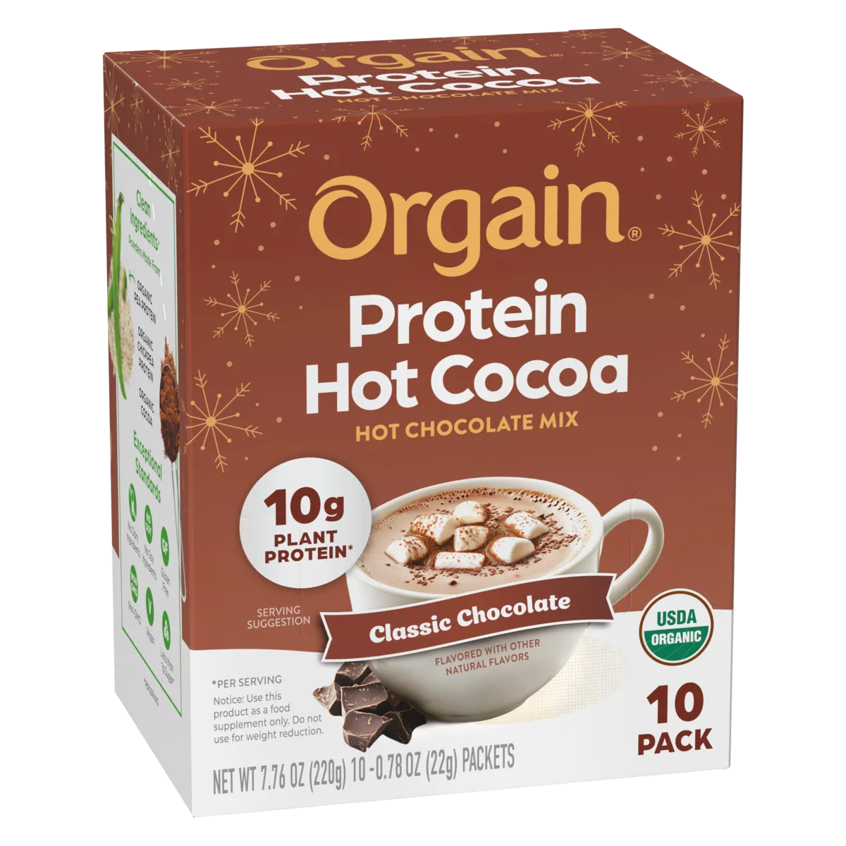 Orgain Protein Hot Cocoa Classic Chocolate Mix 10-pack box, featuring a brown and gold design with a cup of chocolate hot cocoa and marshmallows on the front.