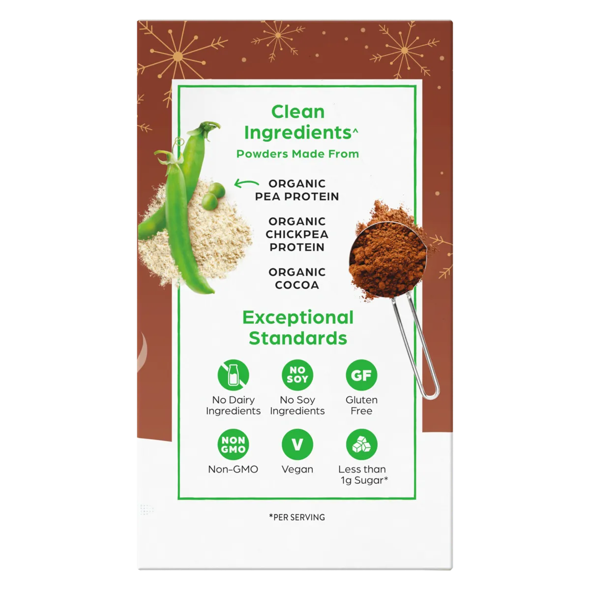 A product packaging card for a protein powder mix, featuring a white central panel with green text and icons, surrounded by a brown border with gold starburst patterns. The card displays illustrations of green peas, a scoop of brown powder, and text listing ingredients like organic pea protein, organic chickpea protein, and organic cocoa.