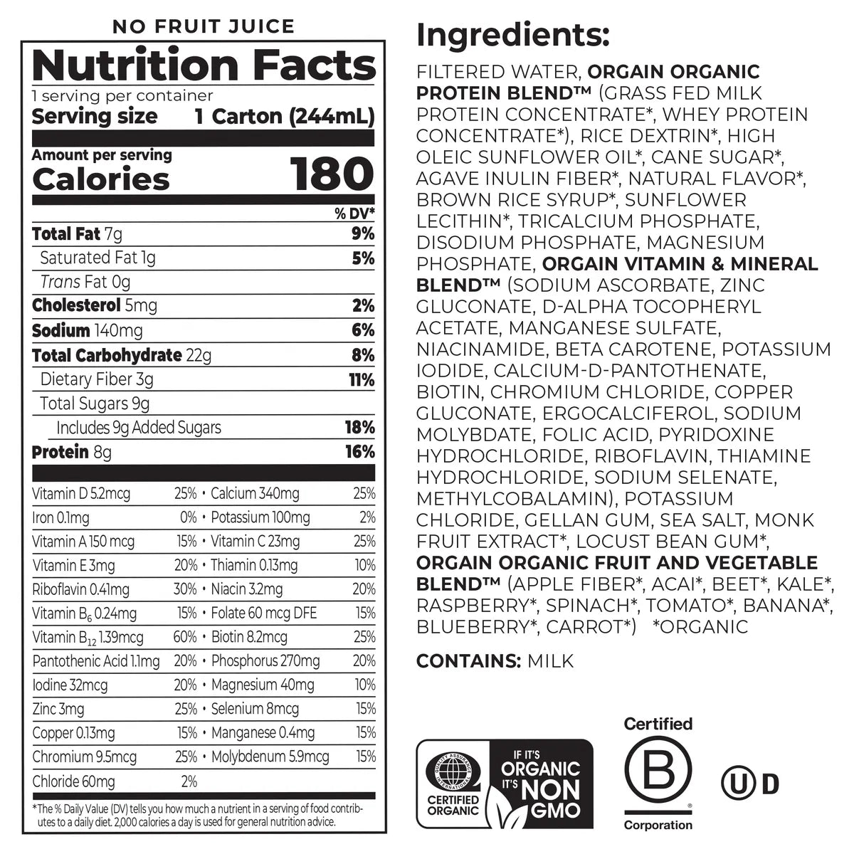 Nutrition fact panel and list of ingredients of Kids Protein Organic Nutrition Shake - Strawberry  Flavor in the 12 Shakes Size