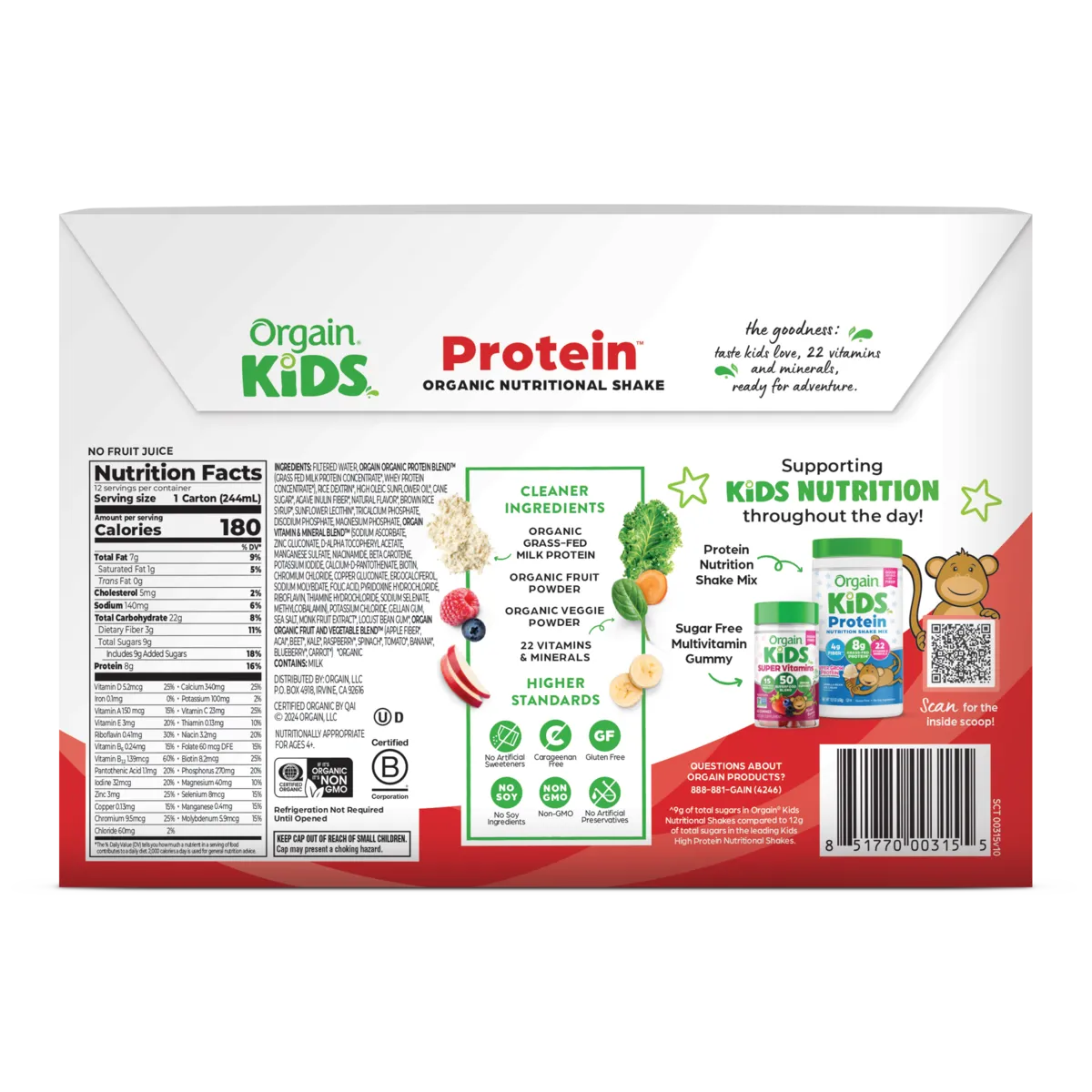 Back of Kids Protein Organic Nutrition Shake - Strawberry  Flavor in the 12 Shakes Size