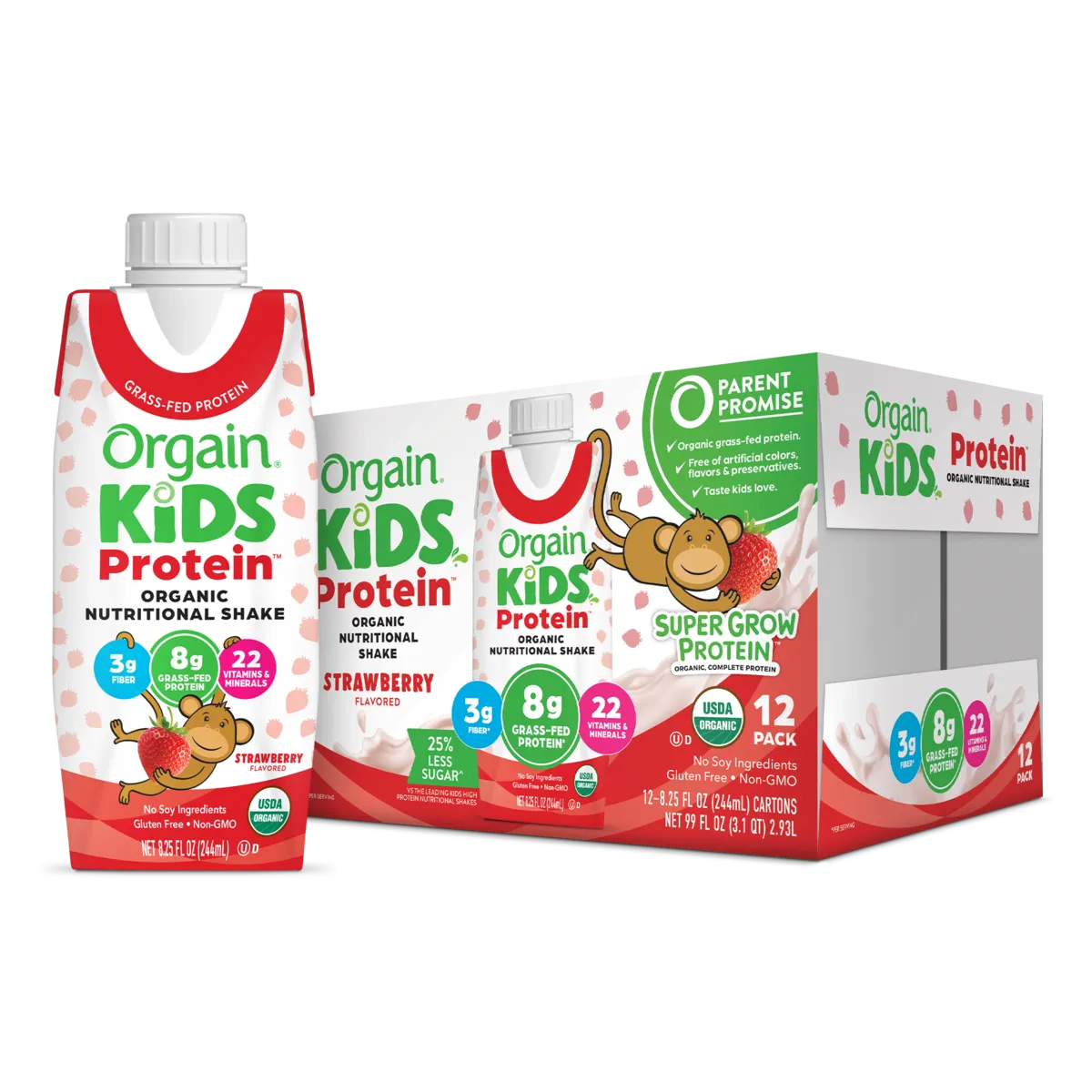Single and case of Kids Protein Organic Nutrition Shake - Strawberry  Flavor in the 12 Shakes Size