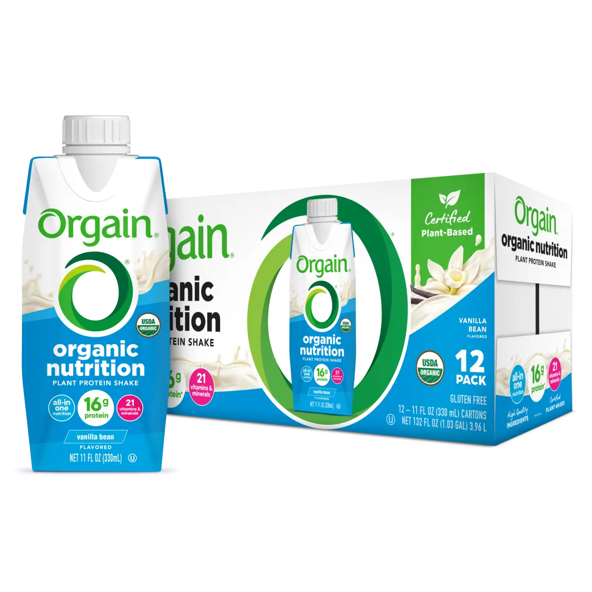 Single and case of Vegan Organic Nutrition Shake vanilla bean Flavor in the 12 Shakes Size