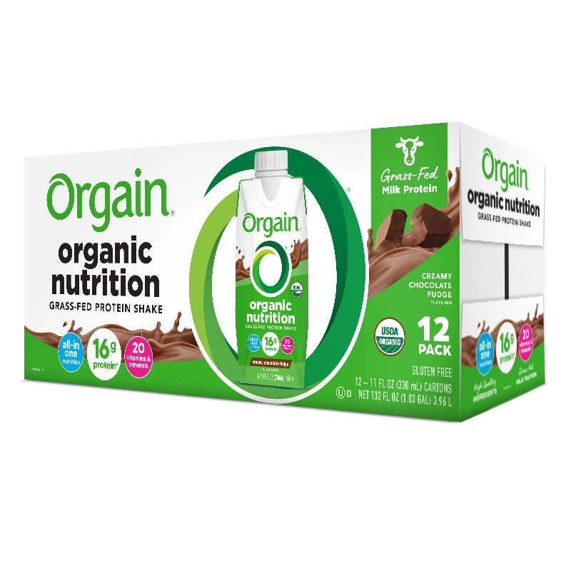 Angled Right side of Organic Nutrition Shake Creamy Chocolate Fudge Flavor in the 12 Shakes Size