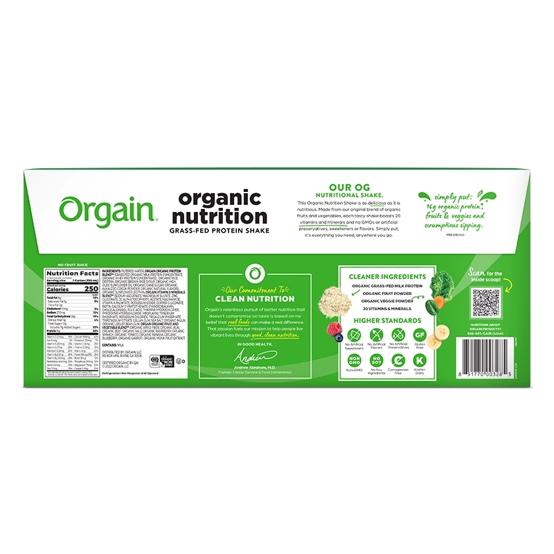 Back of Organic Nutrition Shake Creamy Chocolate Fudge Flavor in the 12 Shakes Size