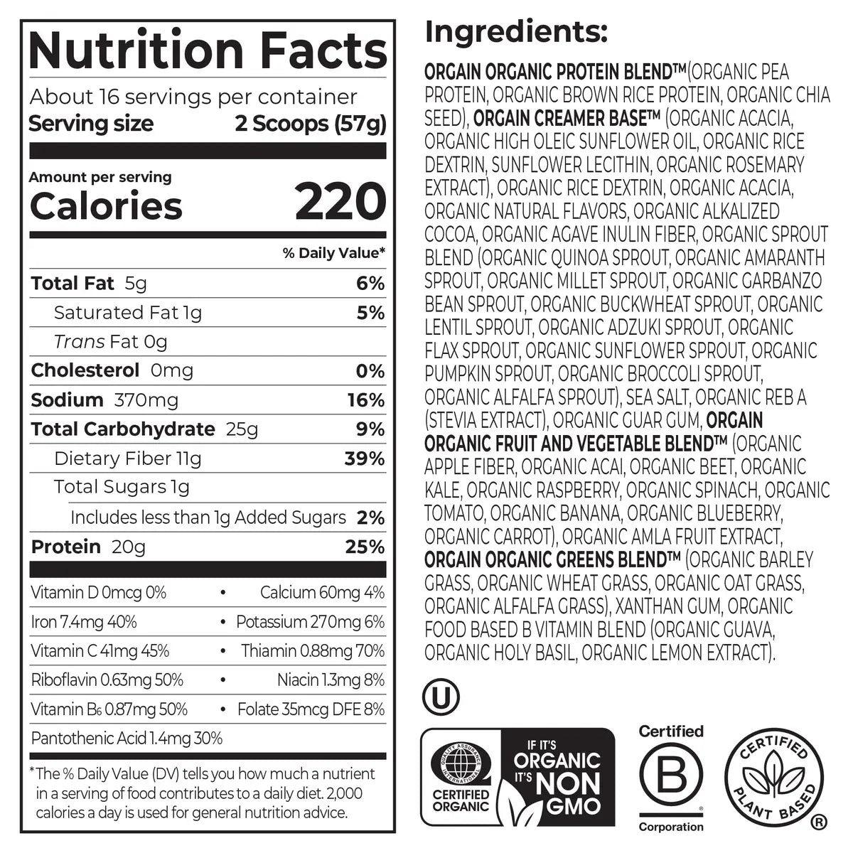 Nutrition Fact Panel for Organic Meal Powder 2.01lb creamy chocolate fudge