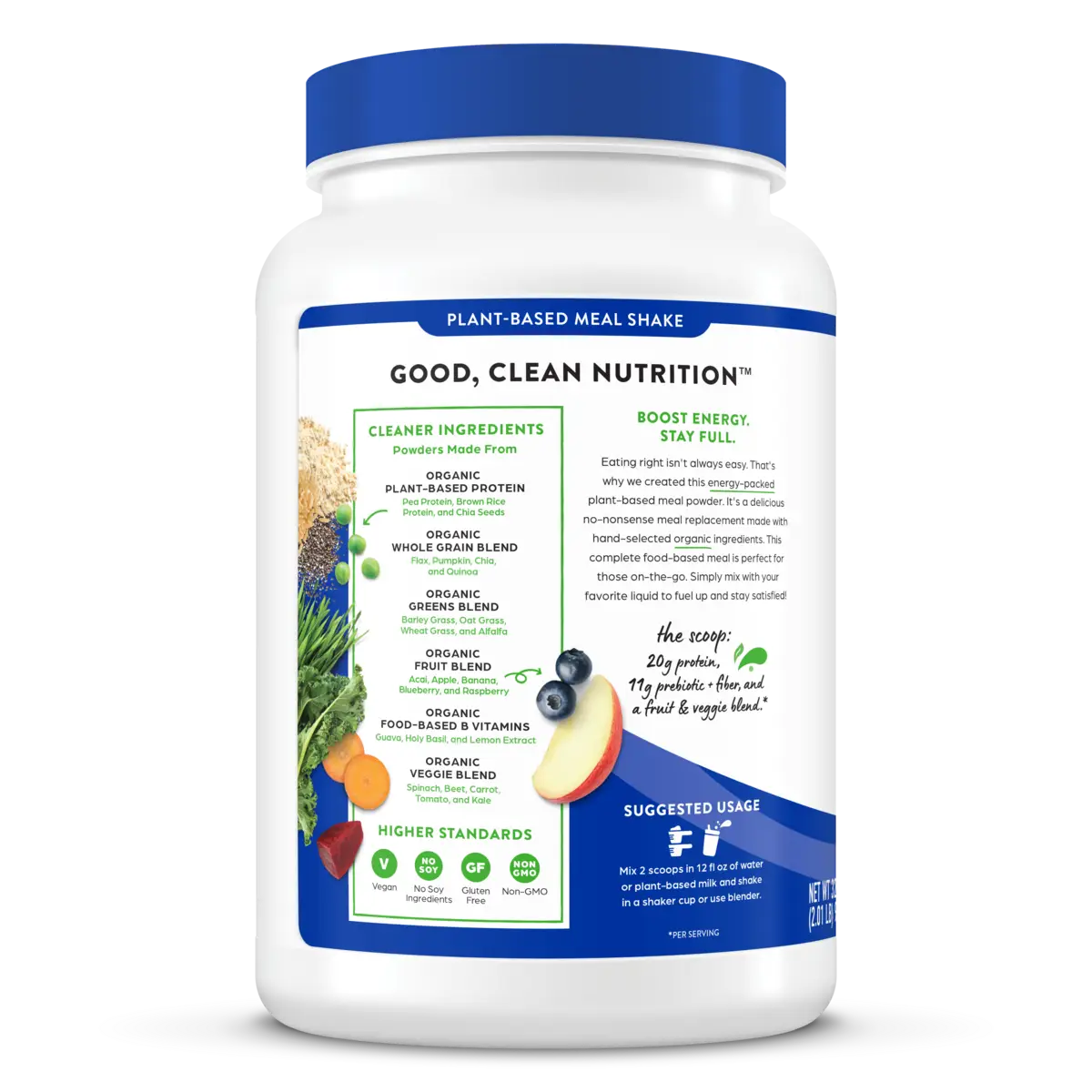 Left side of Organic Meal Powder Creamy Chocolate Fudge Flavor in the 2.01lb Canister Size