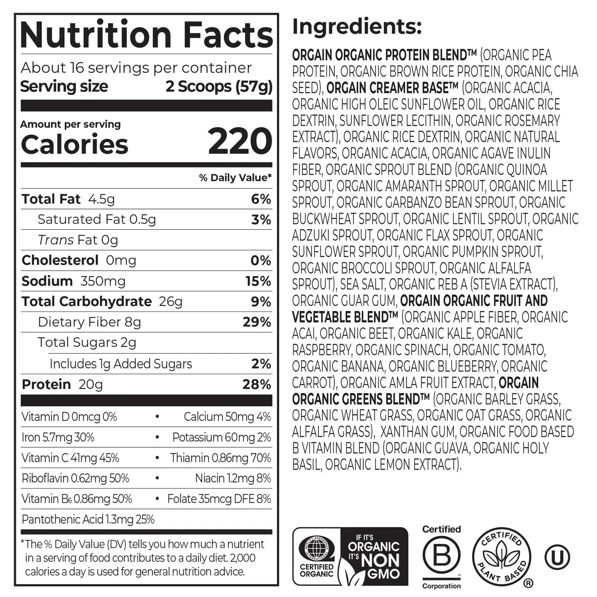 Nutrition fact panel and list of ingredients of Organic Meal Powder - Vanilla Bean  Flavor in the 2.01lb Canister Size