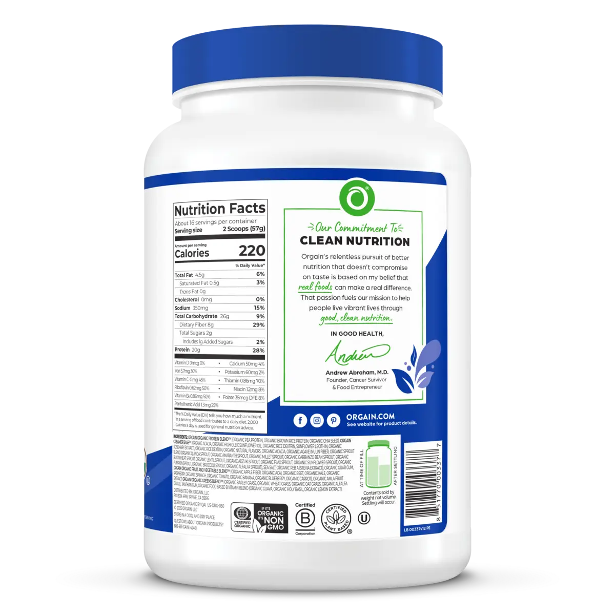 Right side of Organic Meal Powder - Vanilla Bean  Flavor in the 2.01lb Canister Size