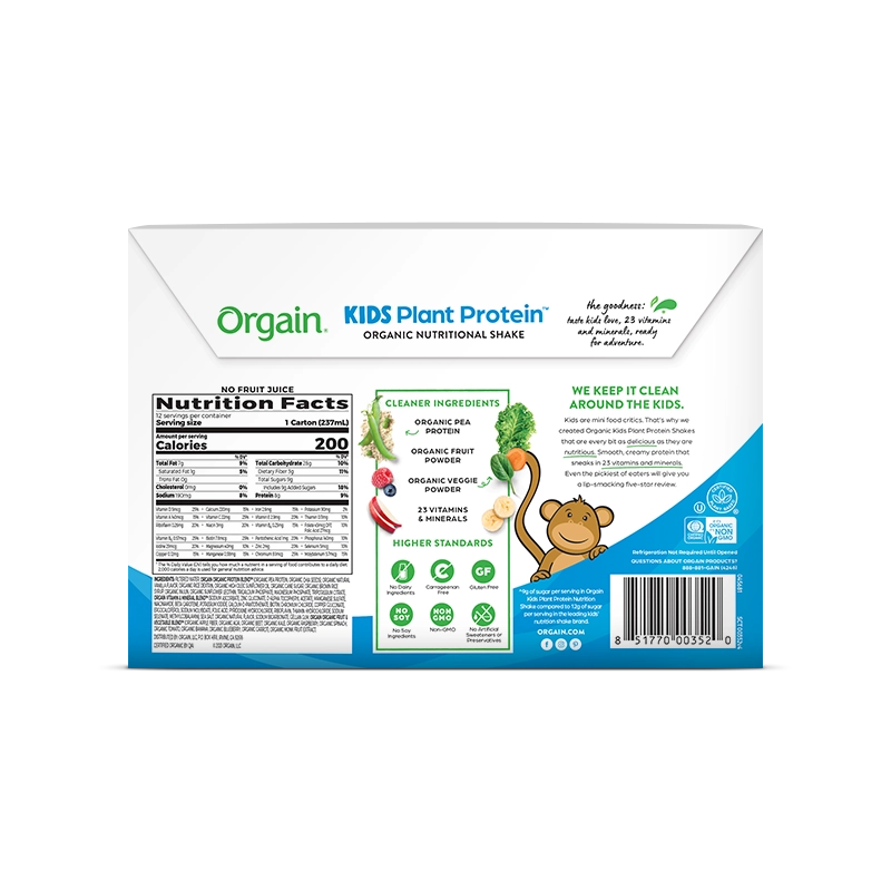Back of Kids Organic Plant Protein Nutritional Shake - Vanilla  Flavor in the 12 Shakes Size