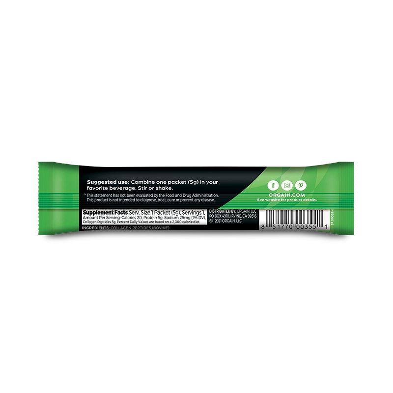 Back of Grass Fed Pasture Raised Collagen Peptides 25 Ct Stick Pack Unflavored Flavor in the 25 Ct Single-Serve Stick Pack Size