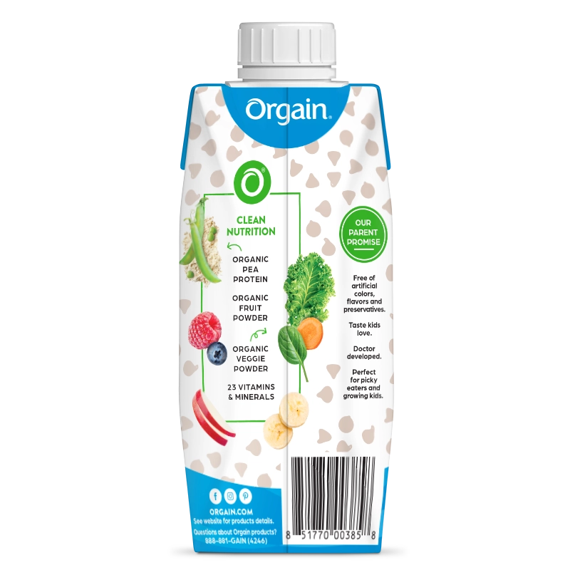 Back of Kids Organic Plant Protein Nutritional Shake Chocolate Flavor in the 12 Shakes Size